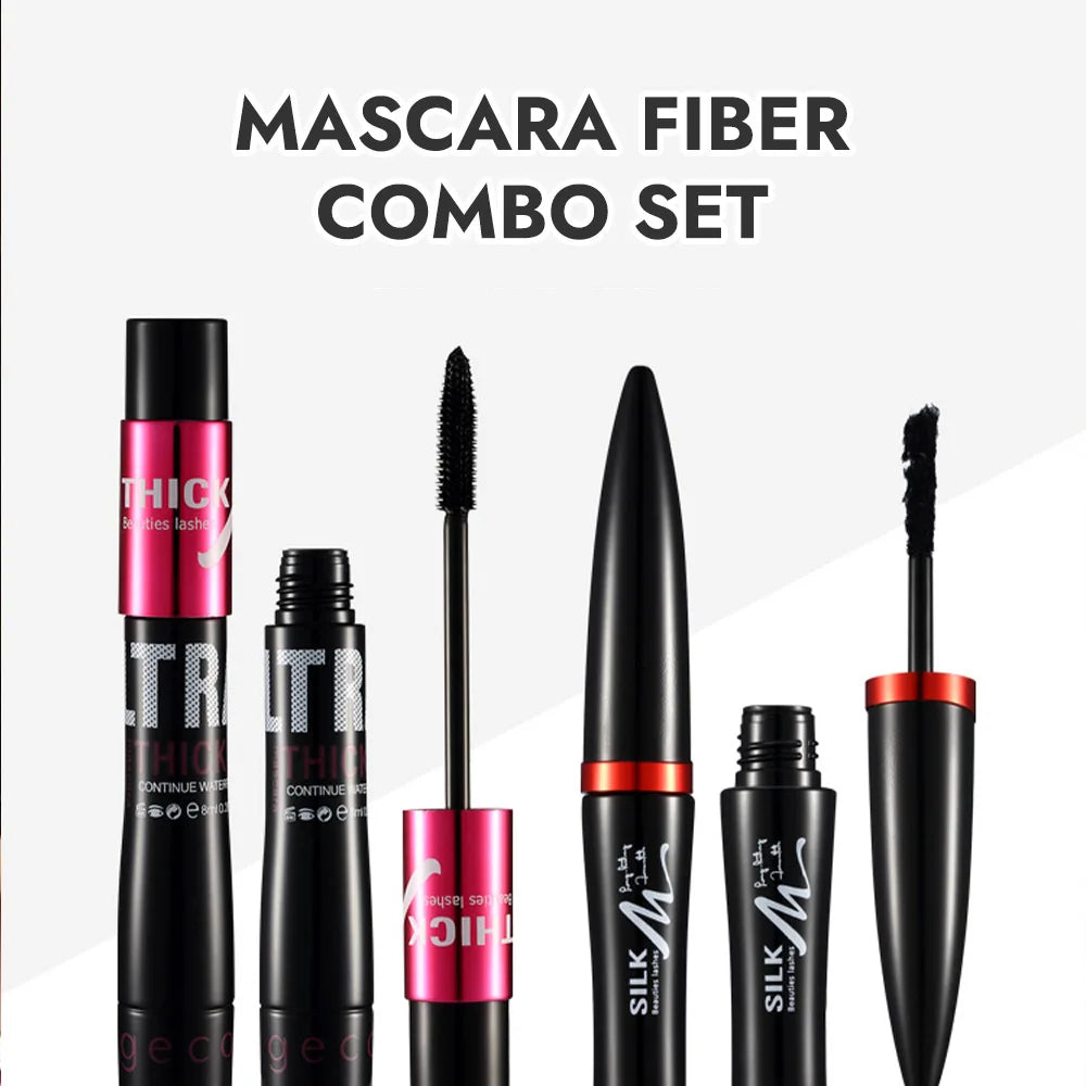 GECOMO Mascara Fiber Combo Set featuring Thick and Silk fiber double tubes for lash extensions.