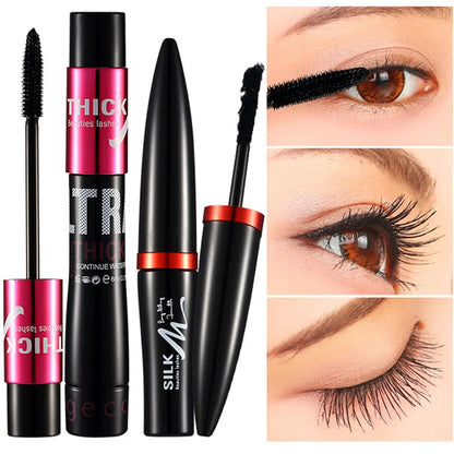 Close-up shots of eyelashes showing the lengthening and curling efficacy of GECOMO fiber mascara.