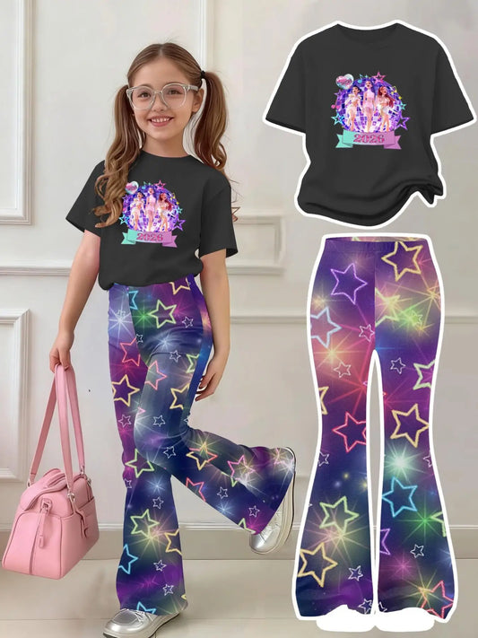 Young girl wearing a black 2026 concert graphic t-shirt and vibrant neon star print flared pants.