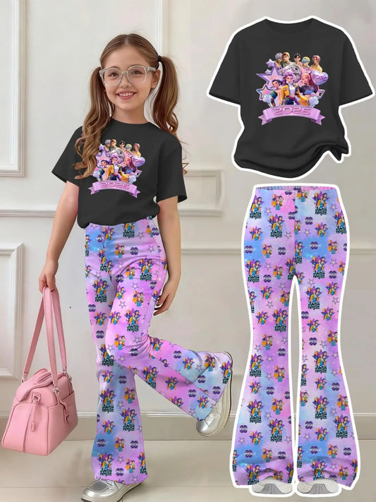 Young girl wearing a 2026 K-Pop tour black graphic t-shirt and pastel character print flared bell-bottom pants.