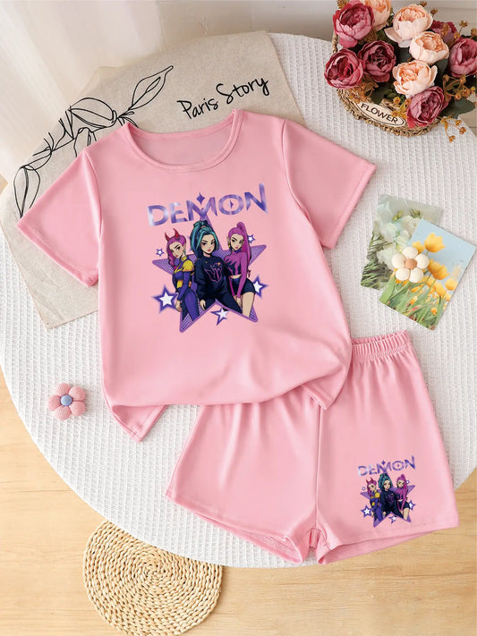Two-piece pink girls' summer set featuring a purple 'Demon' anime idol group graphic on the t-shirt and shorts.