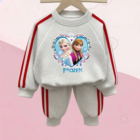 Two-piece heather gray girls' jogger set featuring a Frozen Elsa and Anna heart graphic and red side stripes.