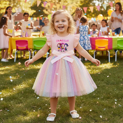 Toddler girl wearing a rainbow tulle K-Pop HUNTRX princess dress with sequins and a satin bow.