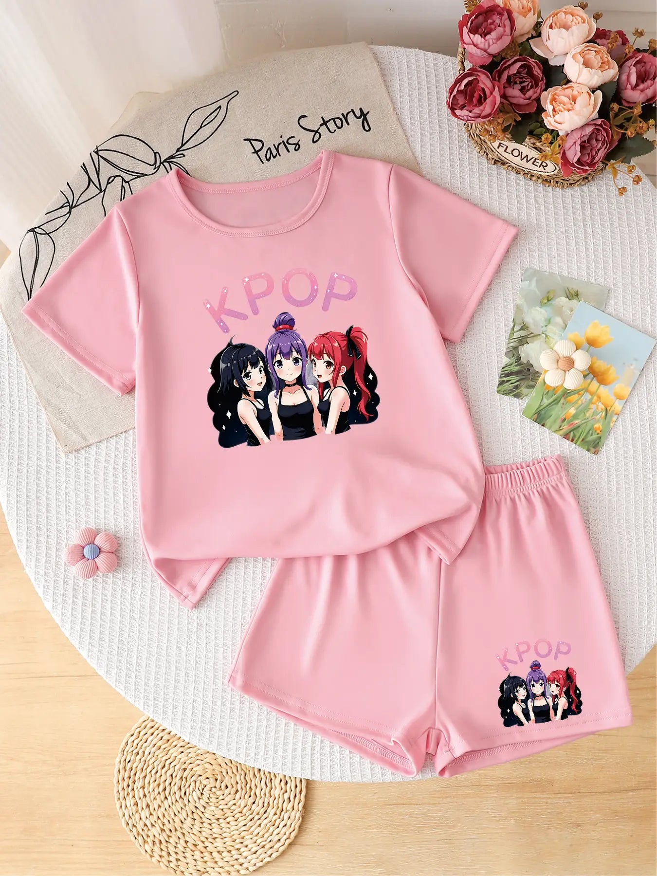 Two-piece pink girls' summer outfit featuring a K-POP anime chibi group graphic on the t-shirt and shorts.