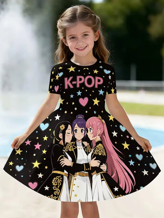 Girls' black short-sleeve dress with an all-over star print and K-Pop anime characters in stage costumes.