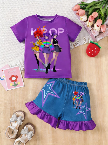 Two-piece girls' K-Pop outfit featuring a purple anime graphic tee and blue shorts with purple ruffles and stars.