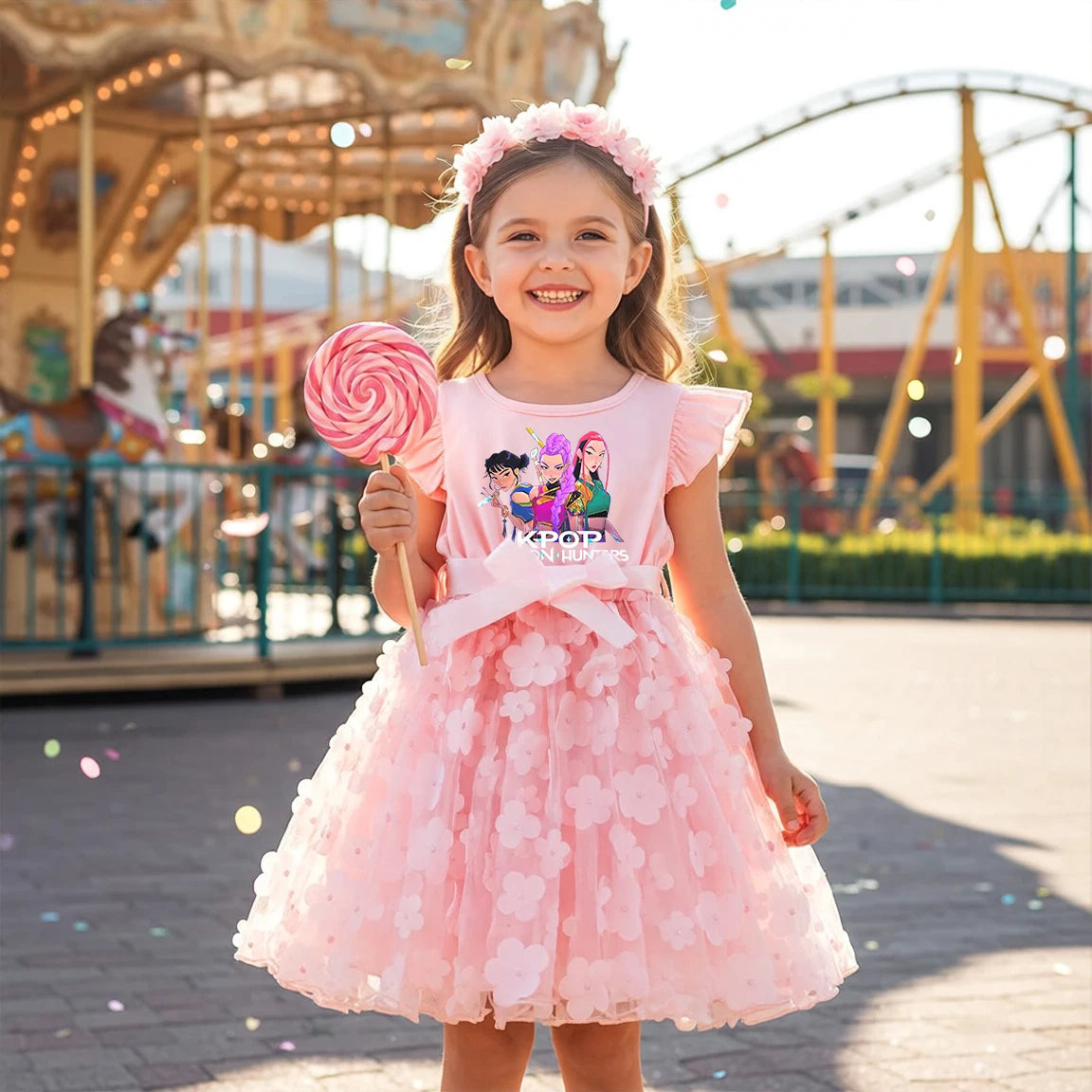 Toddler girl in a pink K-Pop Demon Hunters dress with 3D floral tutu skirt and ruffle sleeves.