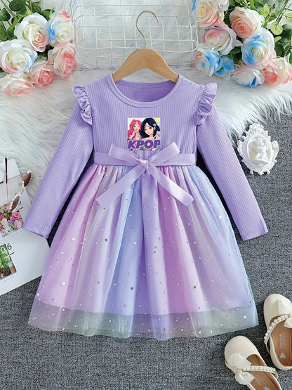 Lavender girls' princess dress featuring a K-POP duo cartoon graphic and a blue-to-purple gradient starry tulle skirt.
