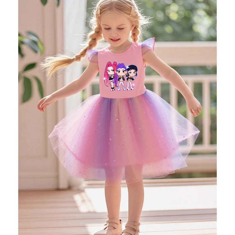 Young girl in a pink K-Pop Hunters princess dress with flying ruffle sleeves and a rainbow sequined tutu.