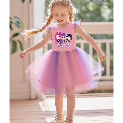 Young girl in a pink K-Pop Hunters princess dress with flying ruffle sleeves and a rainbow sequined tutu.