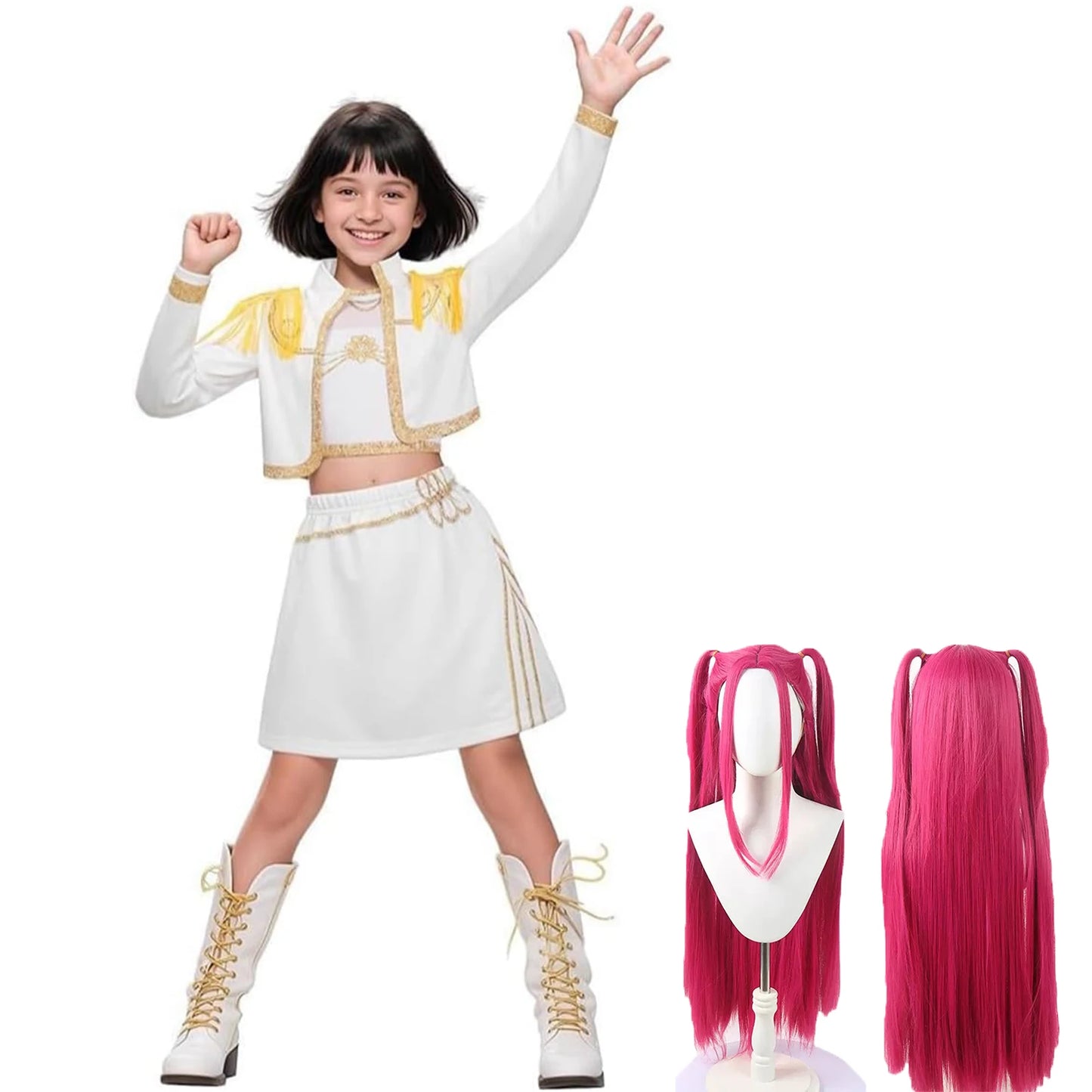 Young girl wearing a pink and white K-Pop idol cosplay costume with a pleated skirt and stage jacket.