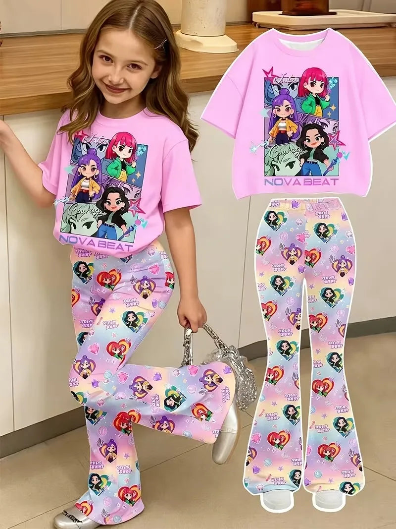 Young girl wearing a pink Nova Beat chibi graphic t-shirt and matching pastel gradient flared pants.