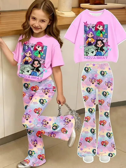 Young girl wearing a pink Nova Beat chibi graphic t-shirt and matching pastel gradient flared pants.