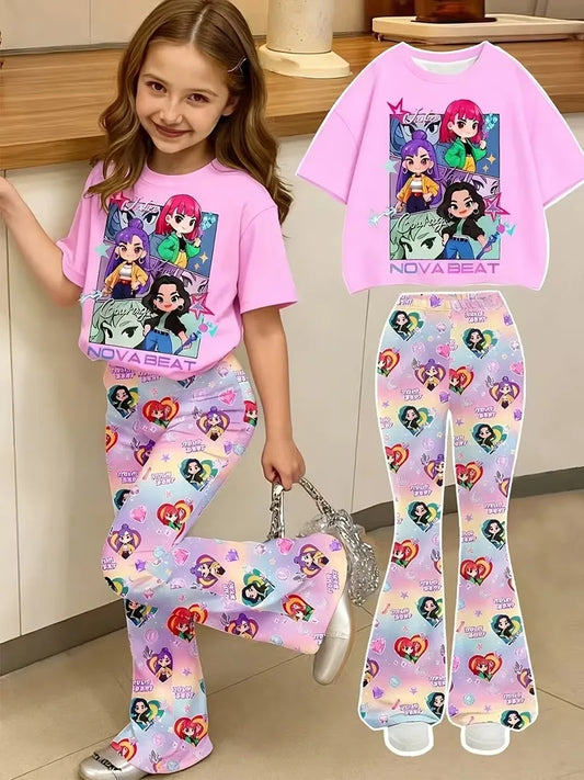 Young girl wearing a pink Nova Beat chibi graphic t-shirt and matching pastel gradient flared pants.