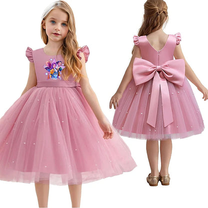 Front and back view of a pink K-Pop princess dress with pearl beading and a large oversized back bow.