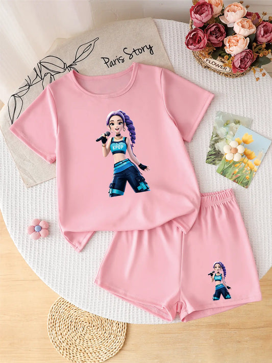 Two-piece pink girls' summer set featuring a purple-haired K-POP soloist graphic on the t-shirt and shorts.