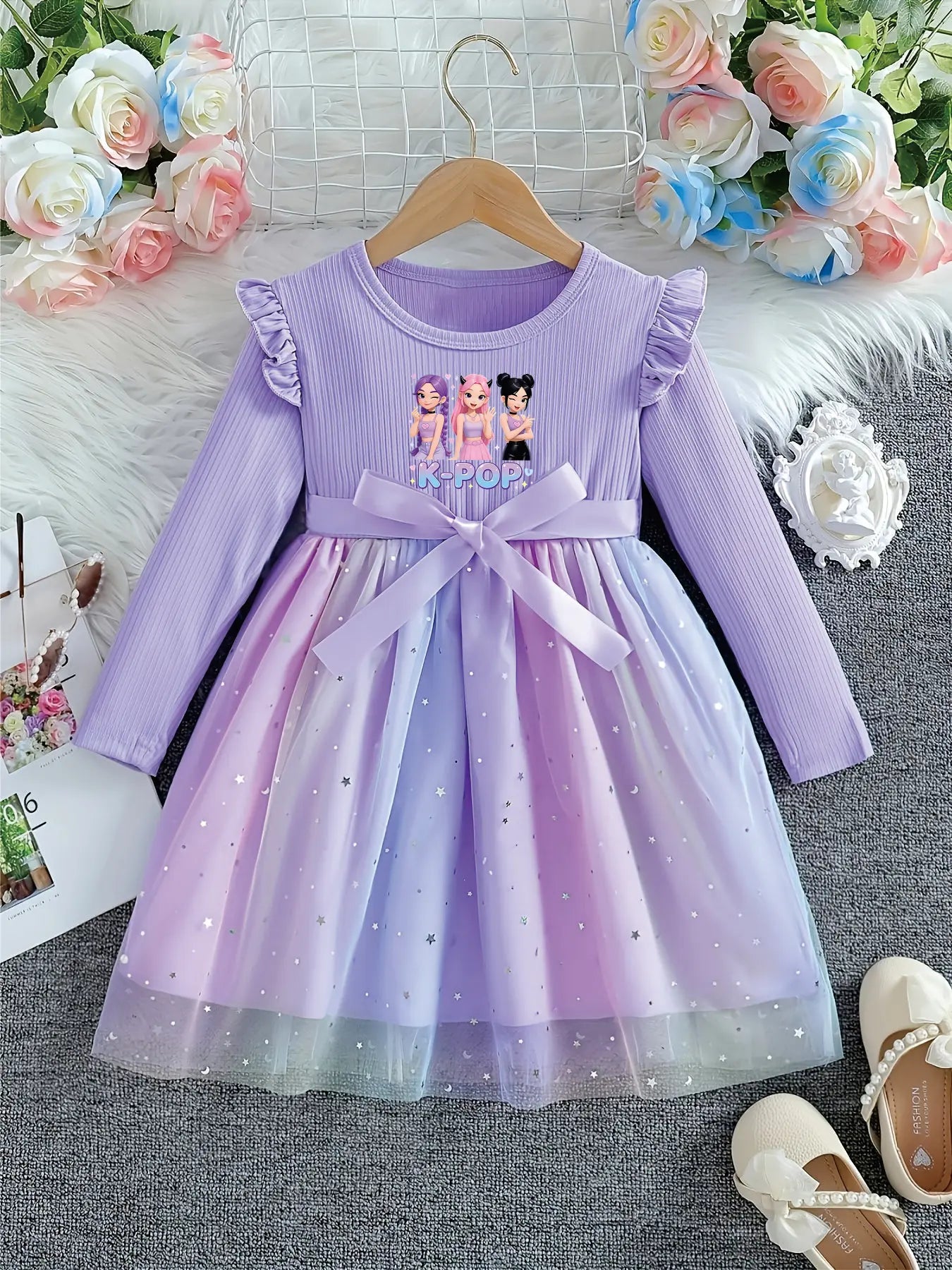 Front view of a purple girls' long sleeve dress with a K-POP graphic and gradient starry tulle skirt.