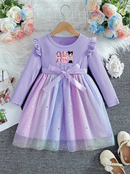 Front view of a purple girls' long sleeve dress with a K-POP graphic and gradient starry tulle skirt.