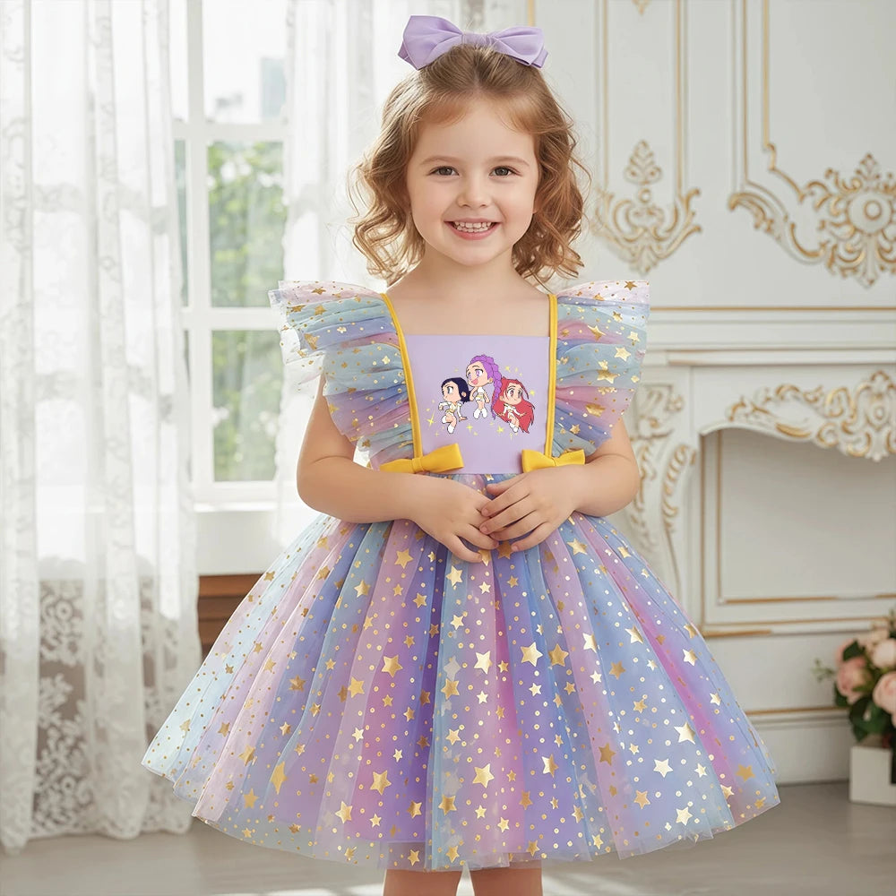 Shop the Girls' K-Pop Starry Gala Dress. Rainbow tulle gown with gold foil stars, ruffle wing sleeves, and idol graphics. The ultimate prom & party dress for little fans!