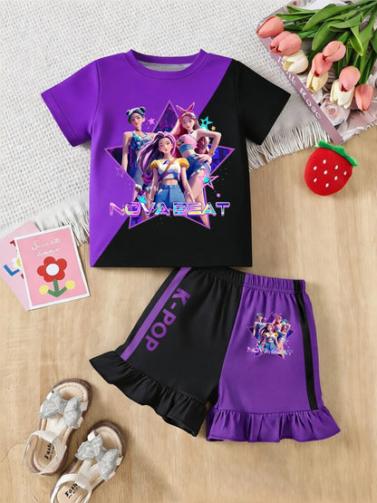Two-piece pink girls' streetwear set featuring a Nova Beat K-Pop graphic tee and matching ruffle hem shorts.
