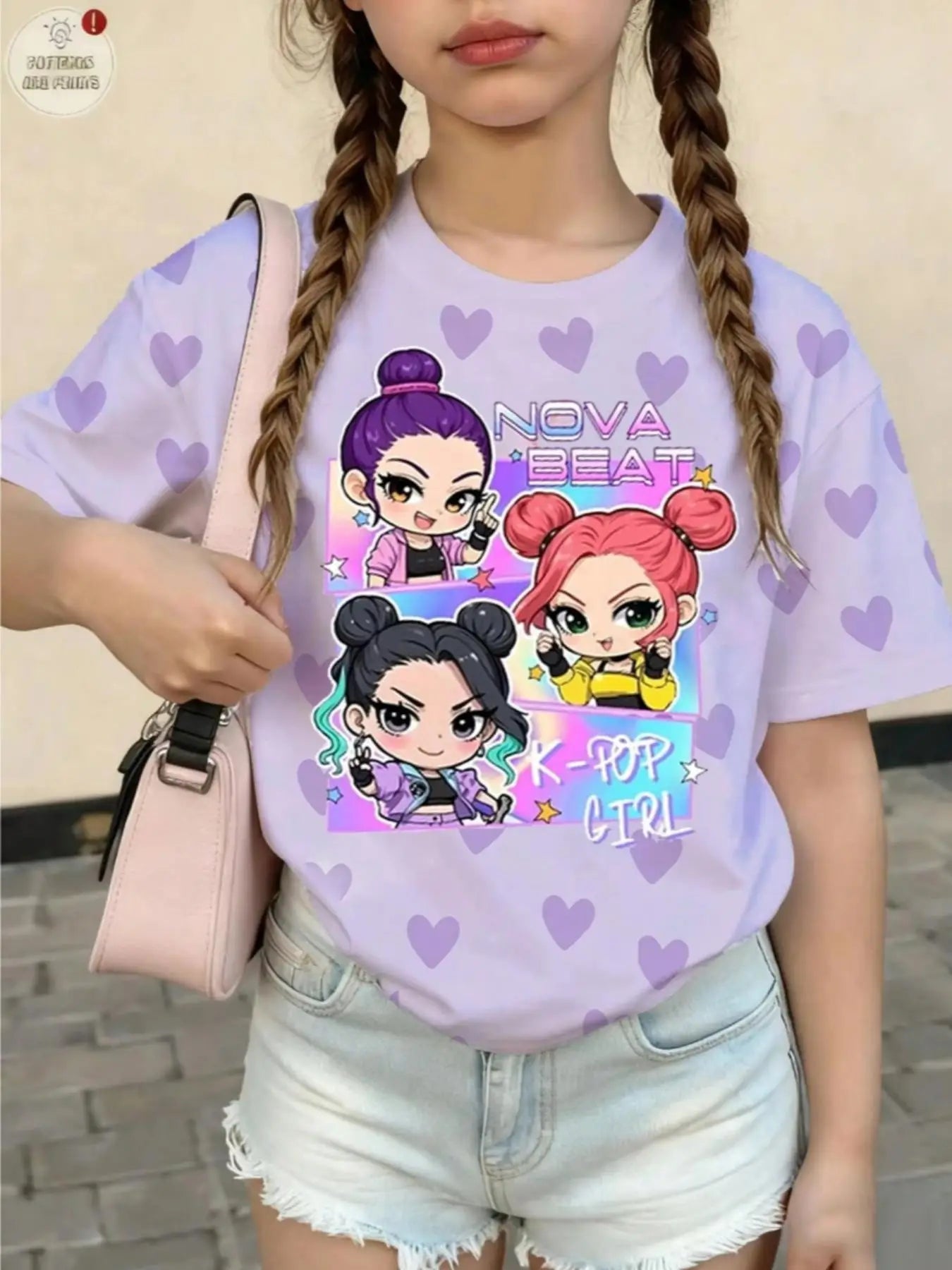 Girl wearing a lavender K-Pop Nova Beat t-shirt with a purple heart pattern and chibi idol graphics.