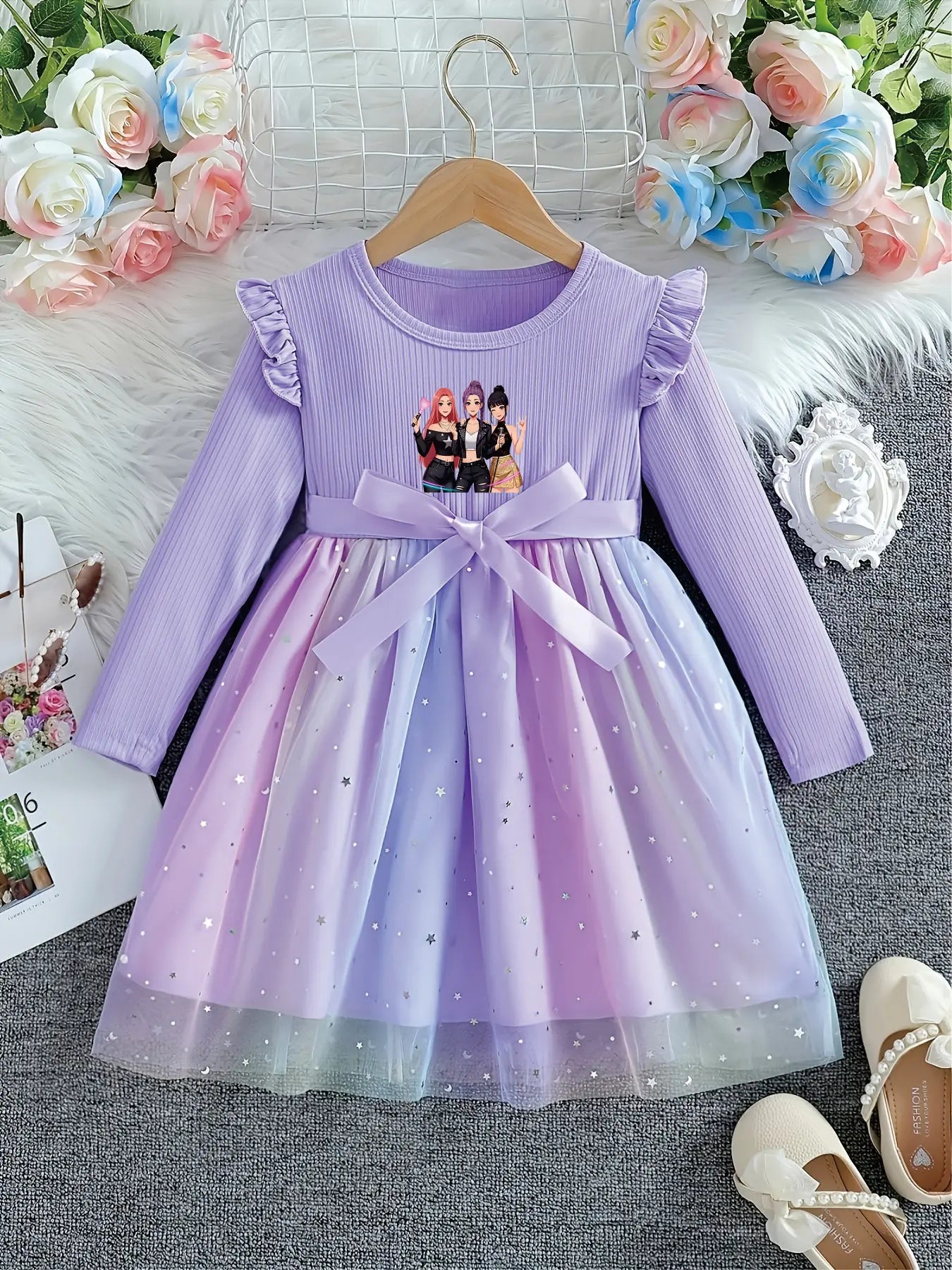 Long sleeve purple girls dress with a cartoon print bodice and a starry gradient tulle tutu skirt.