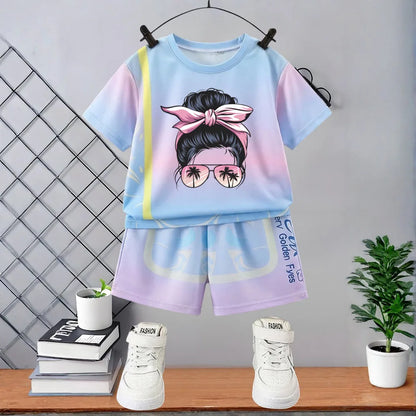 Two-piece girls' summer set with a pastel tie-dye gradient and a tropical girl graphic with sunglasses.