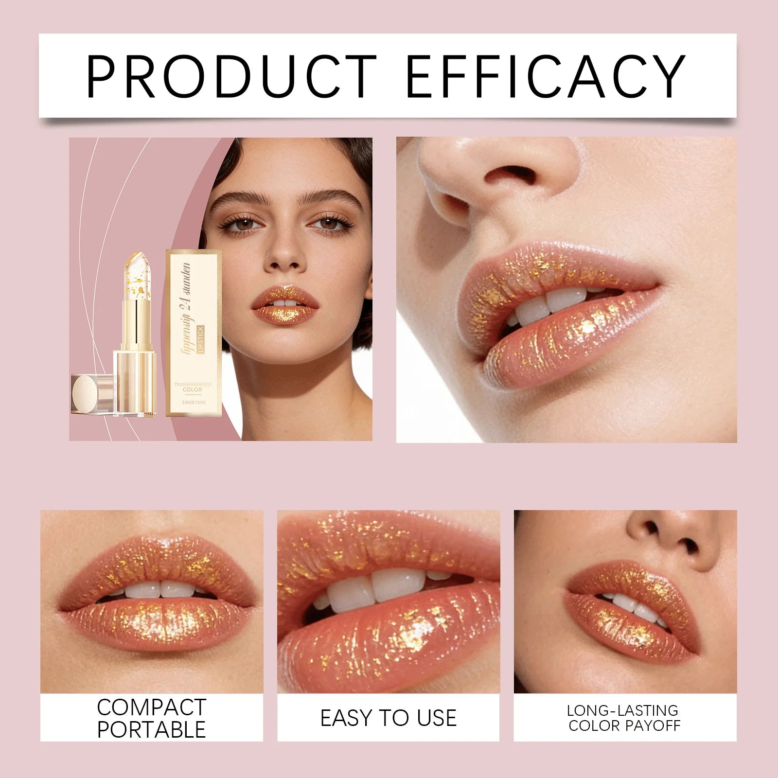 Product efficacy chart showing the color-changing effect, easy application, and lip plumping results.