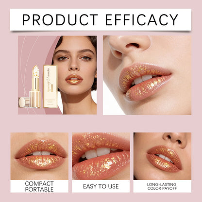 Product efficacy chart showing the color-changing effect, easy application, and lip plumping results.