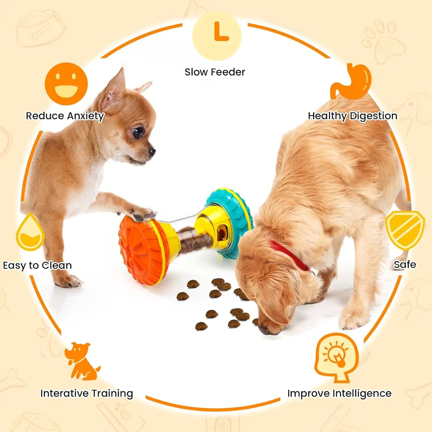 Step-by-step instructions on how to use the dog treat dispenser, showing how to twist the cover, add treats, and adjust the opening.