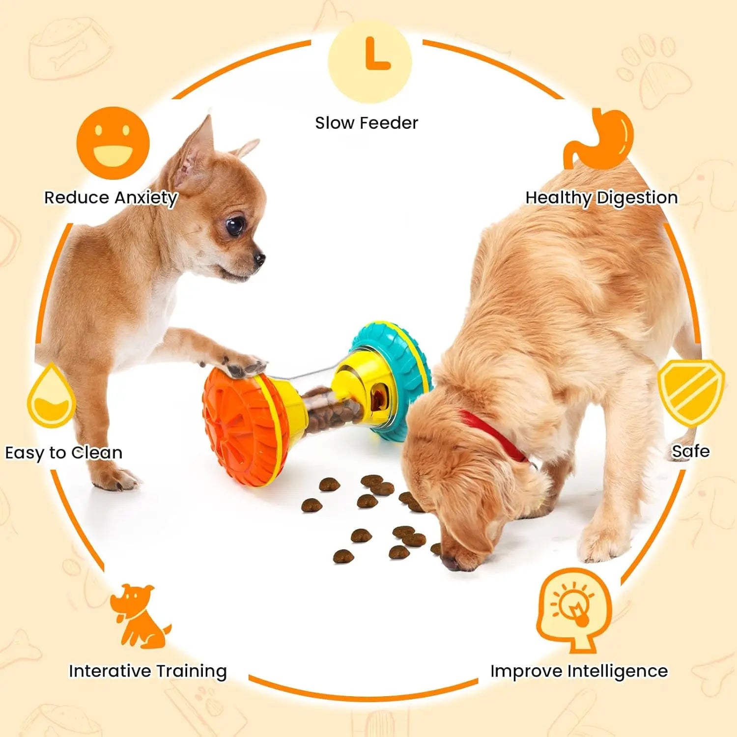 Step-by-step instructions on how to use the dog treat dispenser, showing how to twist the cover, add treats, and adjust the opening.