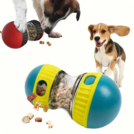 Four-step guide showing how to open, fill, adjust, and use the interactive dog treat dispenser toy.
