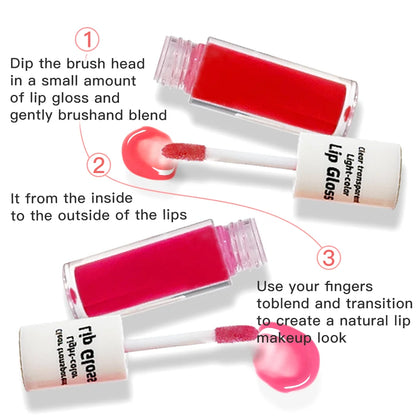 Step-by-step application guide for JUJU DREAM lip gloss to create a natural gradient lip makeup look.