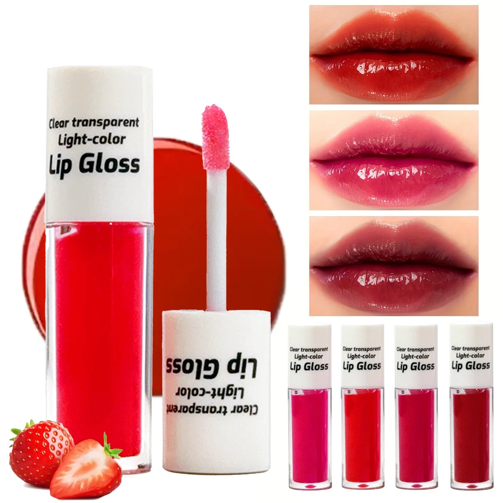 JUJU DREAM 4-color lip gloss set featuring transparent light-color glazes and strawberry-infused moisturizing formula.