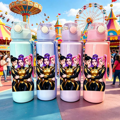 Four pastel water bottles featuring a 3D print of the Demon Hunters in gold and black armor against a carnival background.