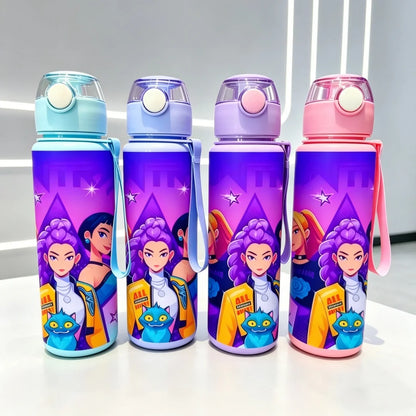 Collection of four K-Pop Demon Hunters water bottles in mint, lavender, purple, and pink colors.