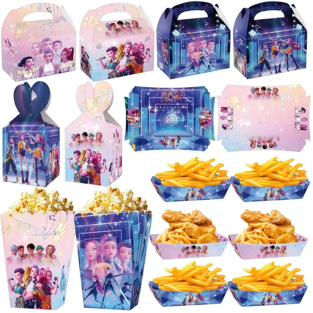 Assorted K-Pop Hunters themed food containers including popcorn boxes, gift gable boxes, and snack trays.