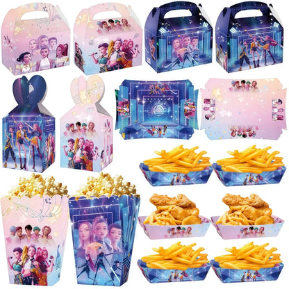 Assorted K-Pop Hunters themed food containers including popcorn boxes, gift gable boxes, and snack trays.