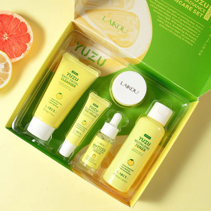 LAIKOU Japan Yuzu 5-piece skin care set including cleanser, toner, serum, and moisturizer for radiant skin.
