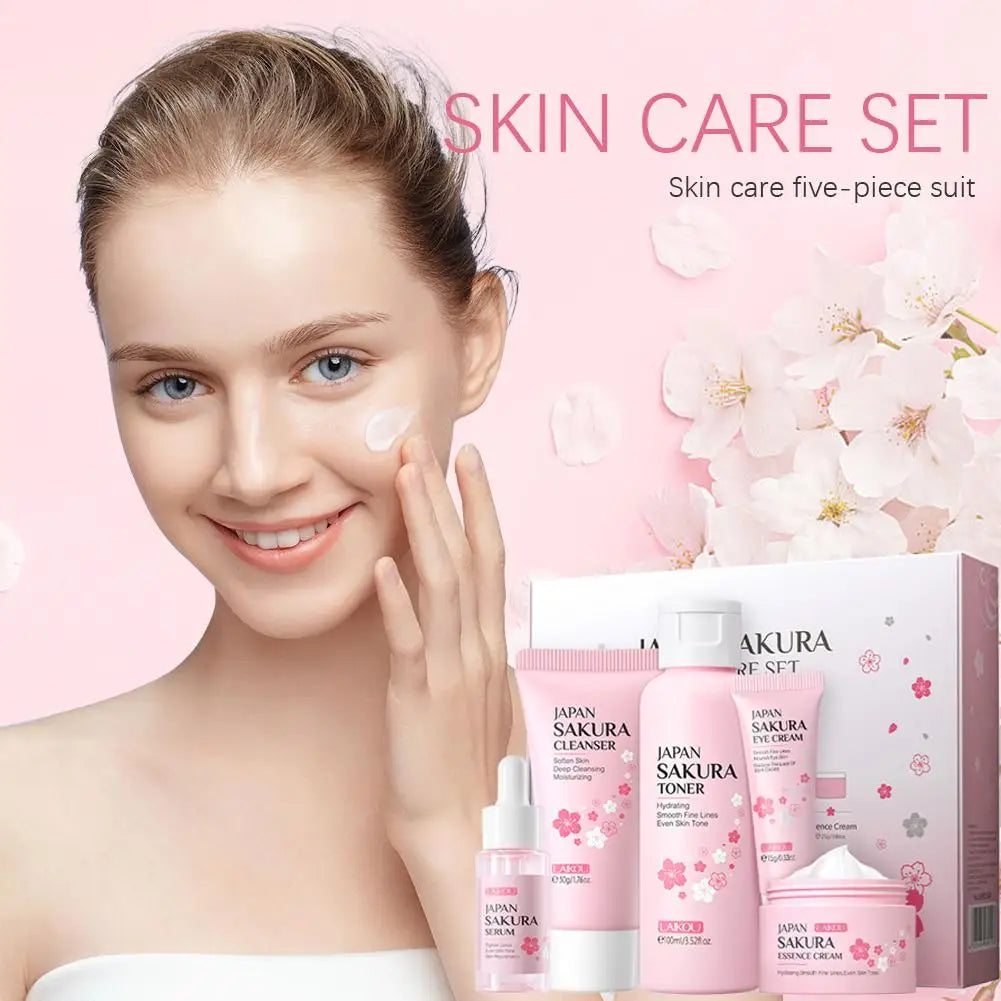 Top view of the LAIKOU Japan Sakura Skin Care gift box showing the 5-piece restorative routine products.