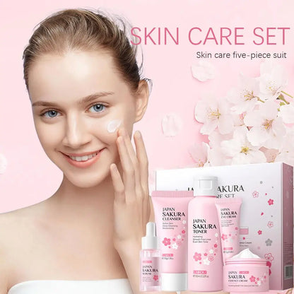 Top view of the LAIKOU Japan Sakura Skin Care gift box showing the 5-piece restorative routine products.