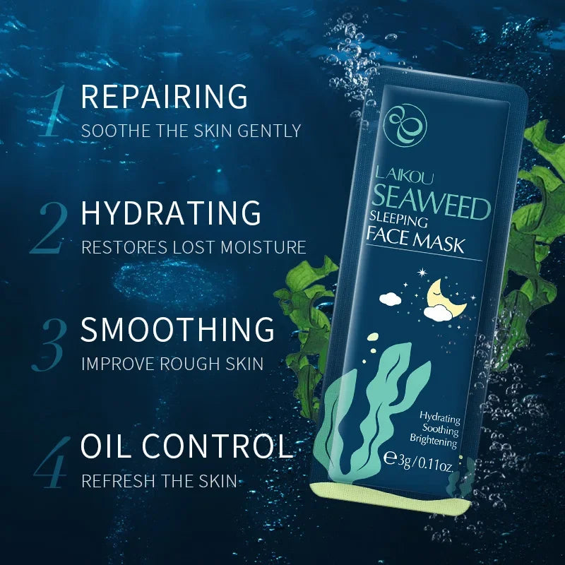 LAIKOU Seaweed Sleeping Face Mask sachet highlighting four benefits: repairing, hydrating, smoothing, and oil control.