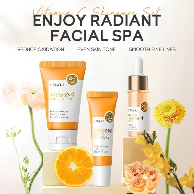 Collection of LAIKOU travel skincare pouches in Sakura, Snail Essence, and Vitamin C variants.