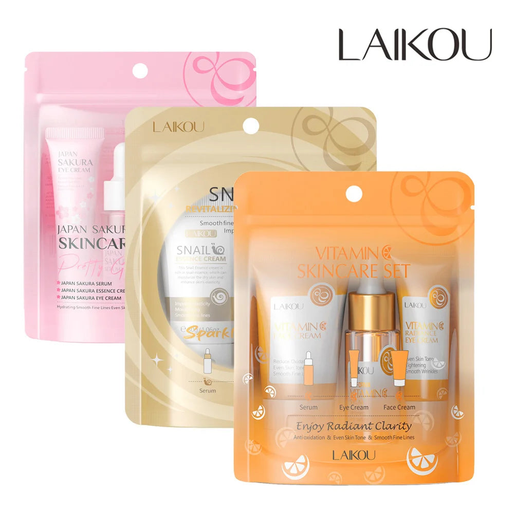 LAIKOU Vitamin C 3-piece skin care set for radiant facial spa including serum, eye cream, and face cream.