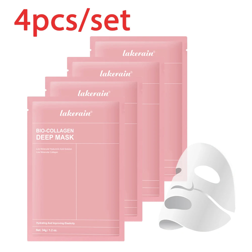 Pack of 4 lakerain bio-collagen deep hydrating overnight masks in pink packaging.