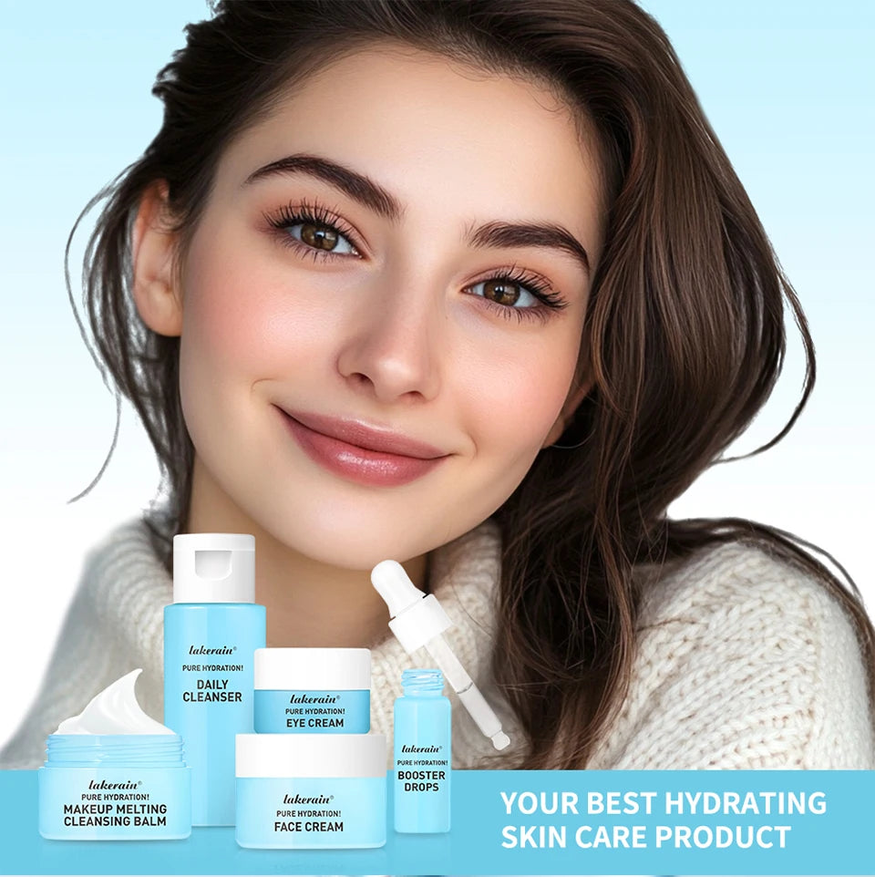 Woman smiling with the lakerain Pure Hydration travel skin care set featuring 5 mini essentials.