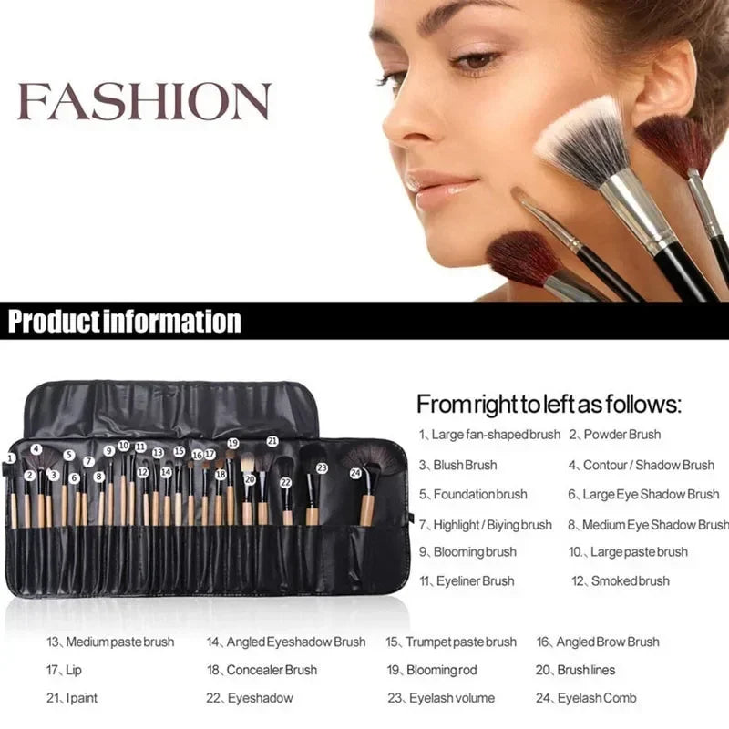 rofessional master makeup brush set with 24 pieces and a black rolling travel case for organization.