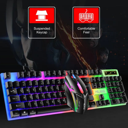 White Milang gaming keyboard and mouse featuring floating keycaps and colorful breathing light effect.