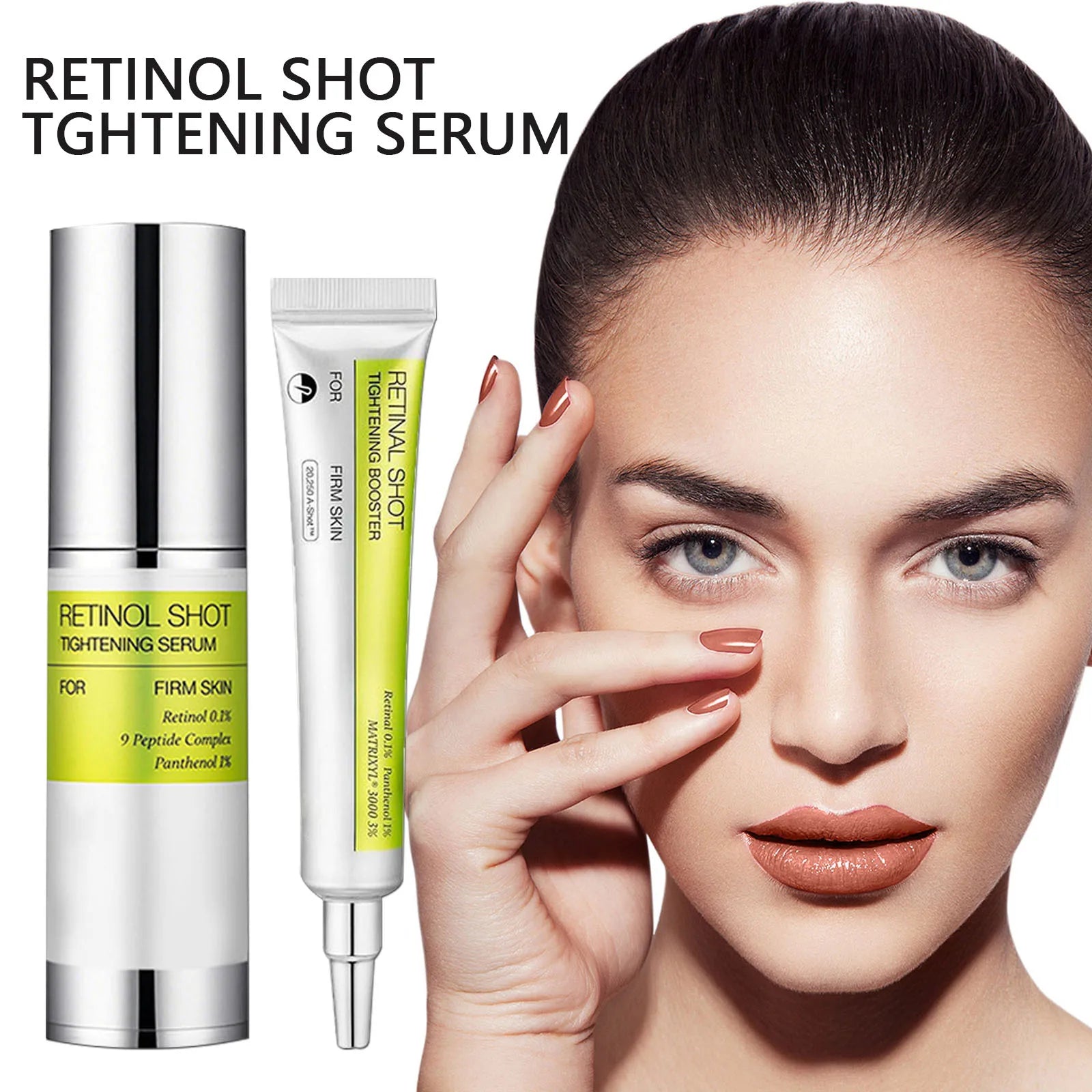 Woman demonstrating the application of PWYUMAN Retinol Shot Tightening Serum 30ml and Retinal Booster with Matrixyl for advanced anti-aging.