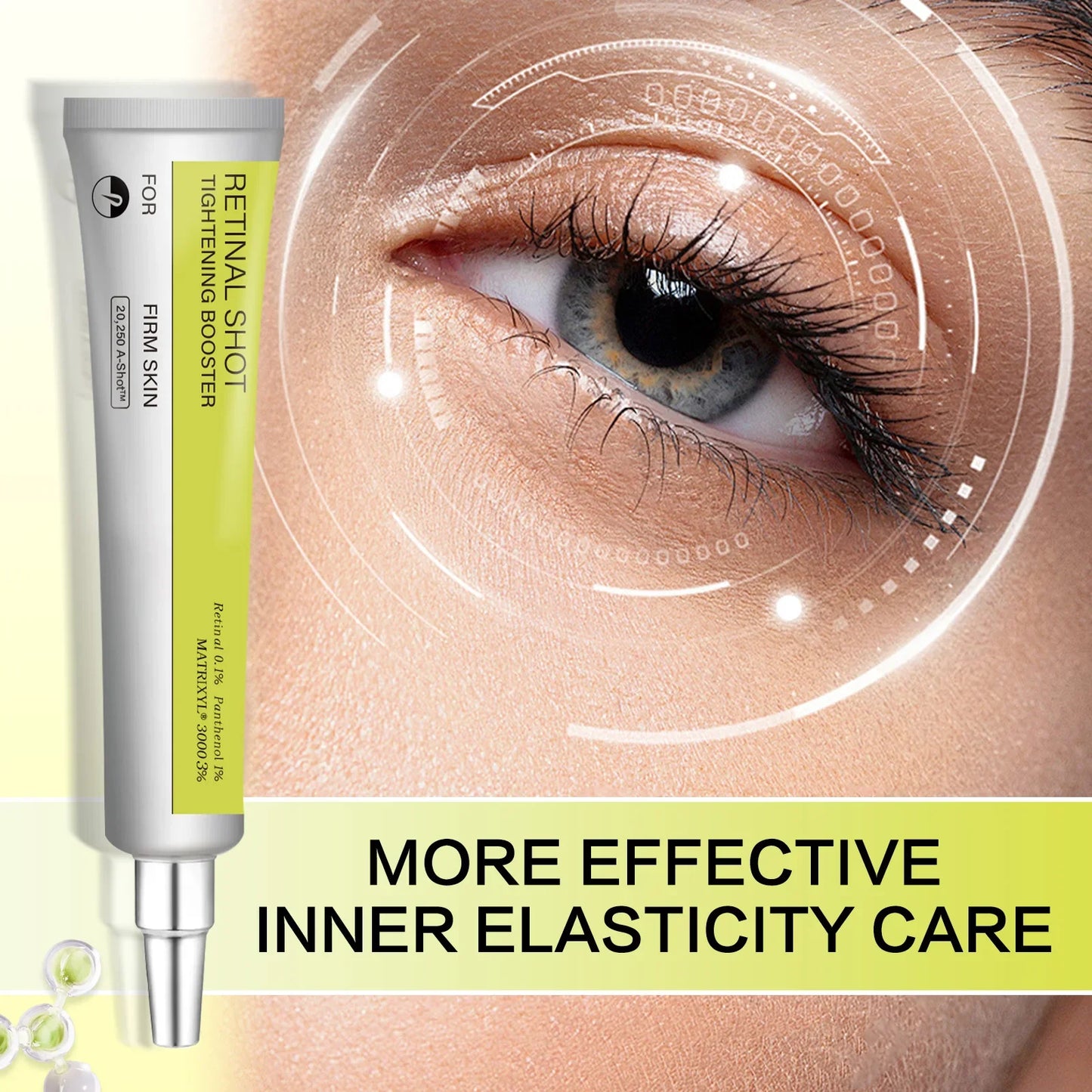 Retinal Shot Tightening Booster tube next to a digital skin analysis of the eye area showing elasticity care.
